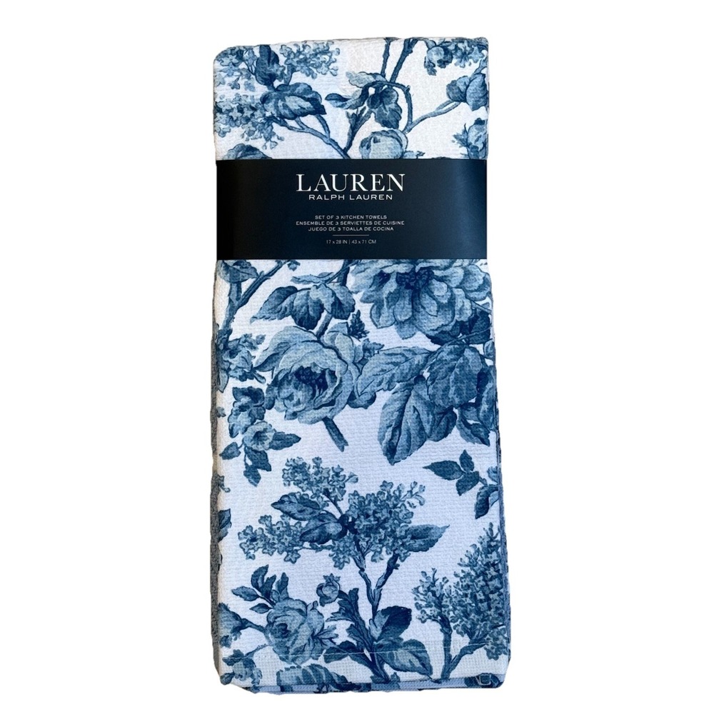 Set of (3) RALPH LAUREN Dish/ Kitchen Towels‎ (Blue Floral/ Blue Herringbone)